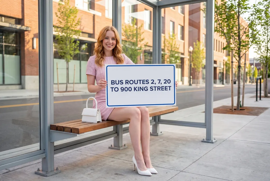 Woman in a bus shelter with a card: routes 2, 7, 20