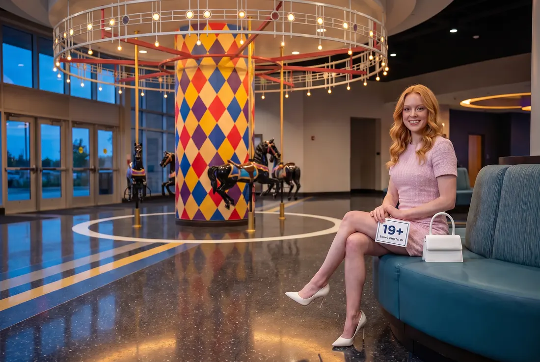 Woman with a 19+ photo ID card by the carousel