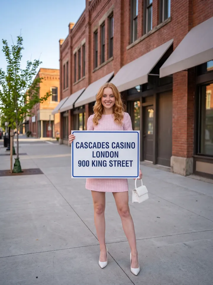 Woman holding a sign: Cascades Casino London, 900 King Street