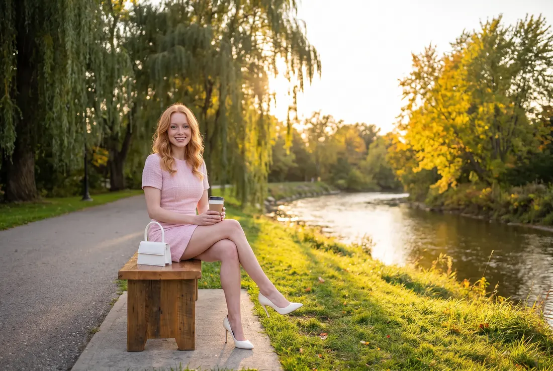 Woman with coffee on a riverside bench