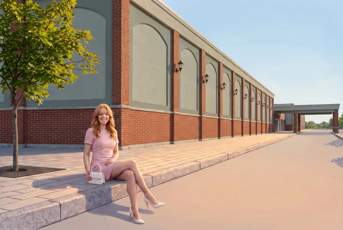 Woman on the kerb by the arched brick wall